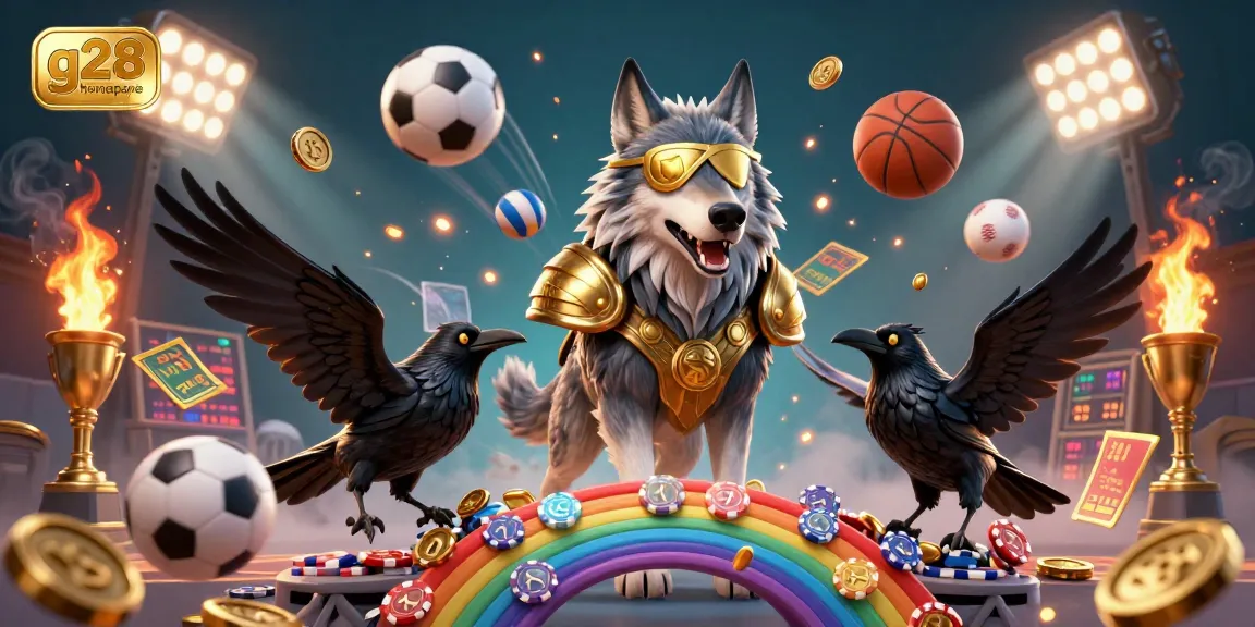 Experience the g28 homepage with Odin and ravens amid a vibrant casino-themed scene featuring sports elements.