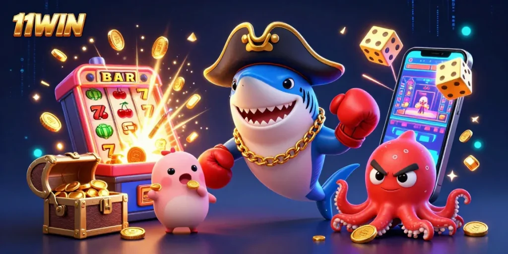 Engage with the vibrant world of 11WIN showcasing a cartoon pirate shark, pufferfish, and octopus amid casino antics.