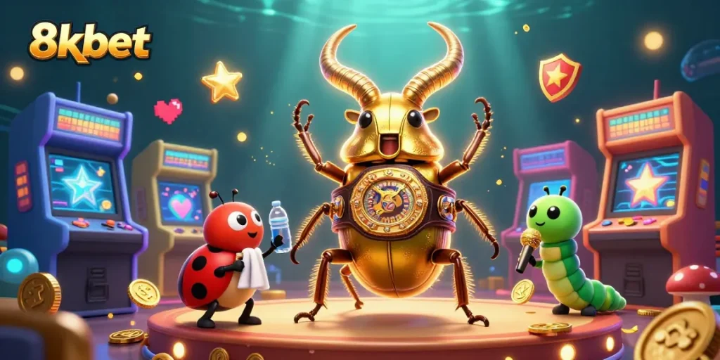 8xbet's dynamic casino scene with a giant golden stag beetle boxing champion, showcasing engaging gameplay.
