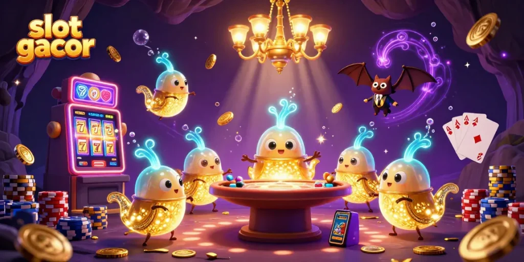 Play exciting slot gacor games with vibrant golden reels and glowing casino elements.