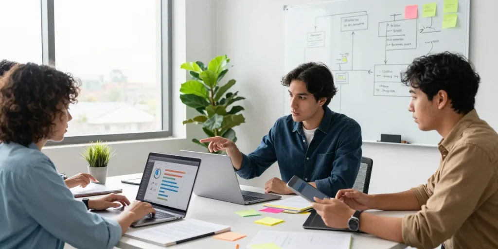 Team collaborating to build internal tools with AI in a modern workspace.