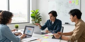 Team collaborating to build internal tools with AI in a modern workspace.