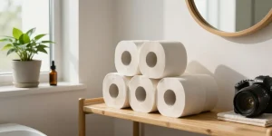 Bamboo Toilet Paper displayed in a stylish eco-friendly bathroom setting with natural light and greenery.