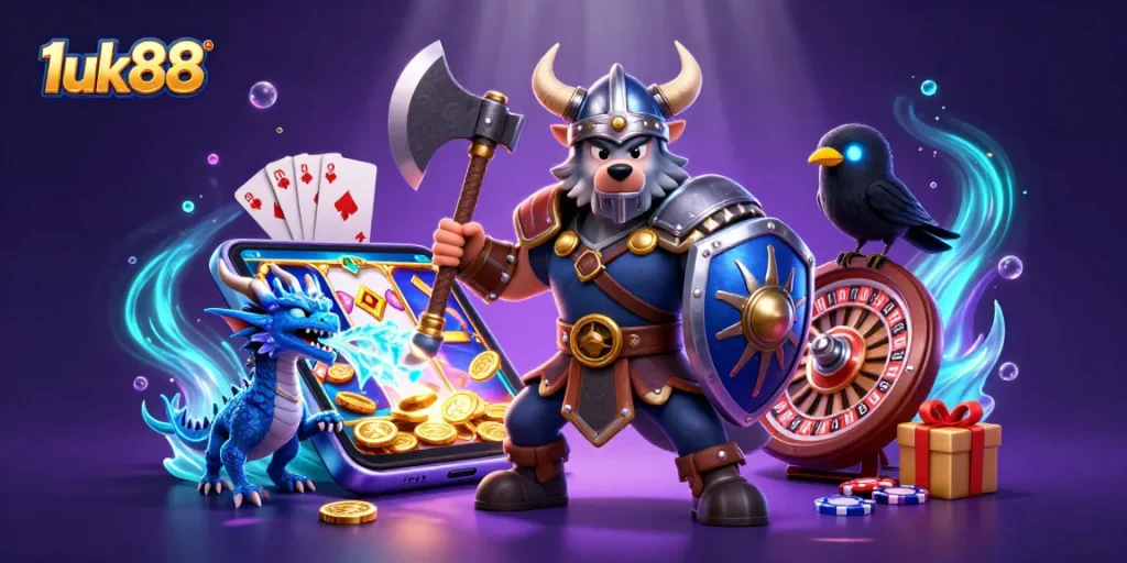 Experience thrilling gameplay with 1uk88's vibrant characters and dynamic casino elements.