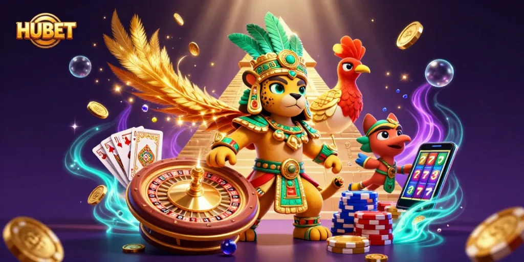 Experience the vibrant excitement of HUBET with cascading coins and a stunning Mayan priest illustration.