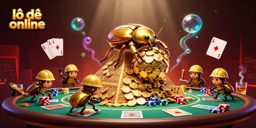 Engage in thrilling actions with lô đề online betting while seeing golden beetles and poker elements.