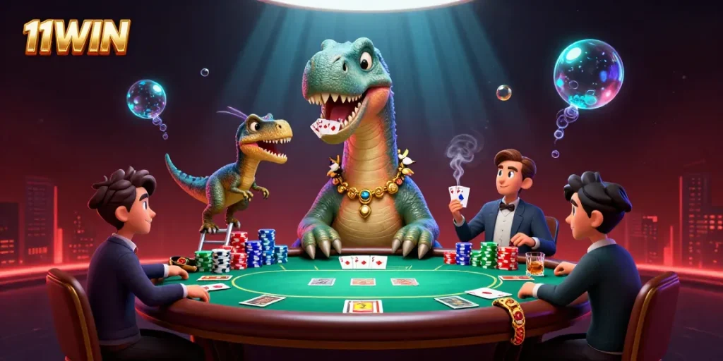 11WIN welcomes excitement with a fabulous poker scene featuring a brontosaurus dealer.