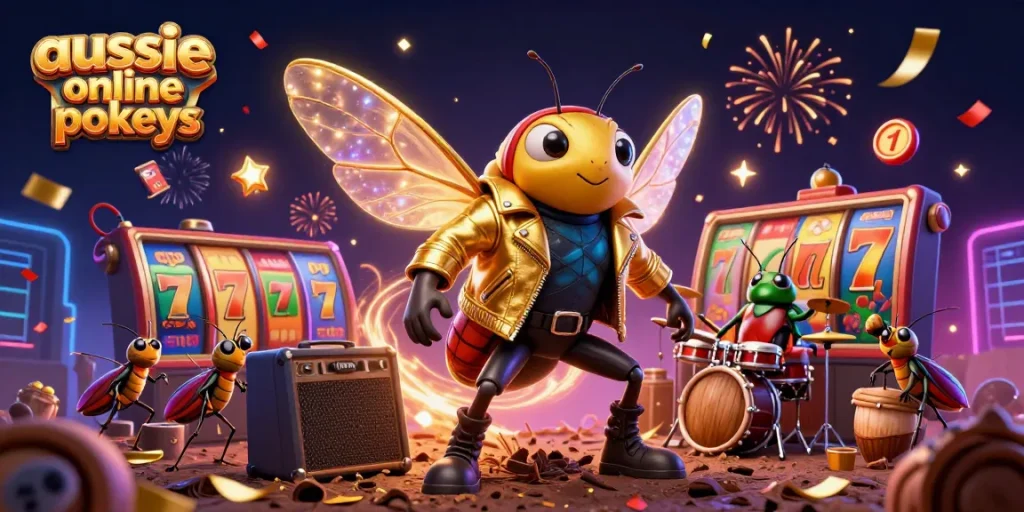 Experience the excitement of aussie online pokies with a dynamic rock star scene featuring colorful slot elements.