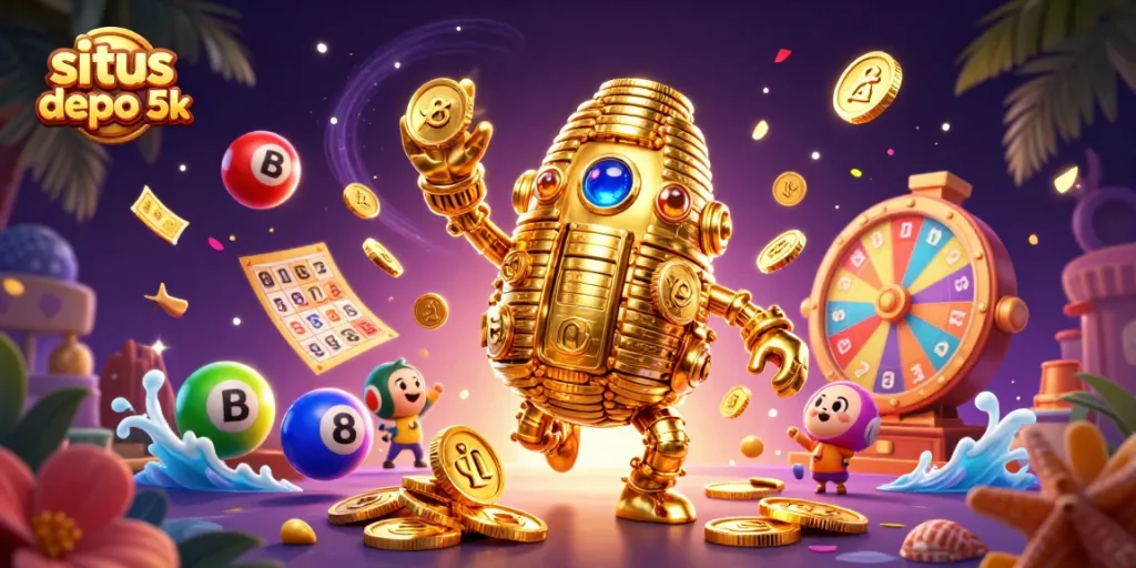 Win big on situs depo 5k with colorful lottery balls and a golden golem of stacked coins!