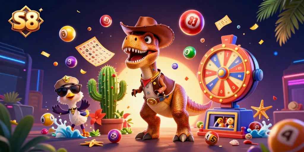 S8 offers exciting lottery gameplay as a cowboy dinosaur and friends celebrate winnings in a dynamic casino scene.