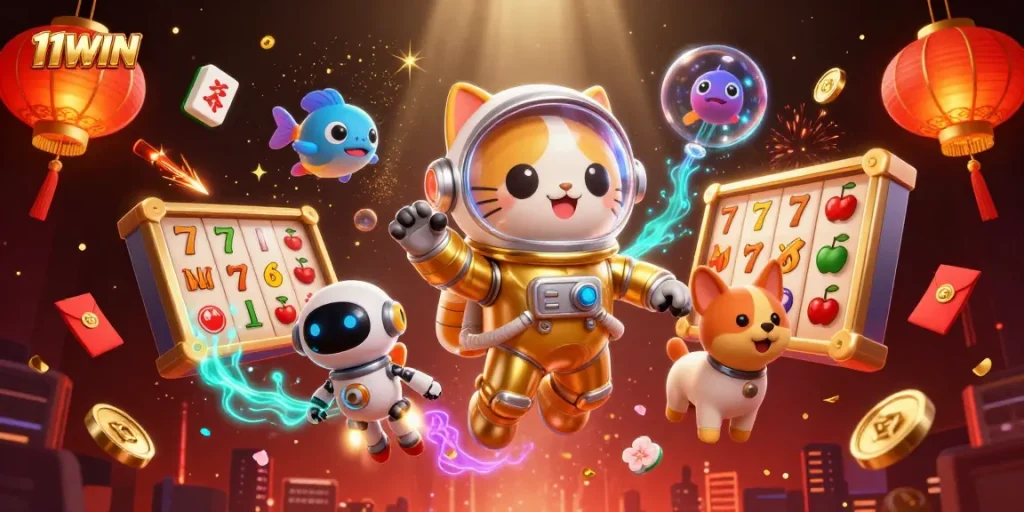 Experience excitement with 11WIN's vibrant casino action featuring a golden astronaut cat.