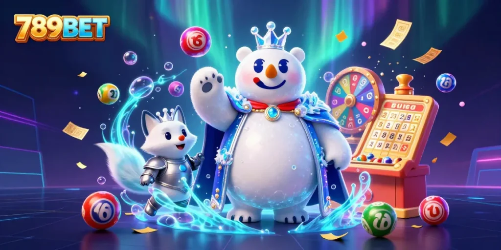 Engage with 789BET's vibrant illustration featuring a polar bear and fox amidst lottery elements, capturing the casino excitement.