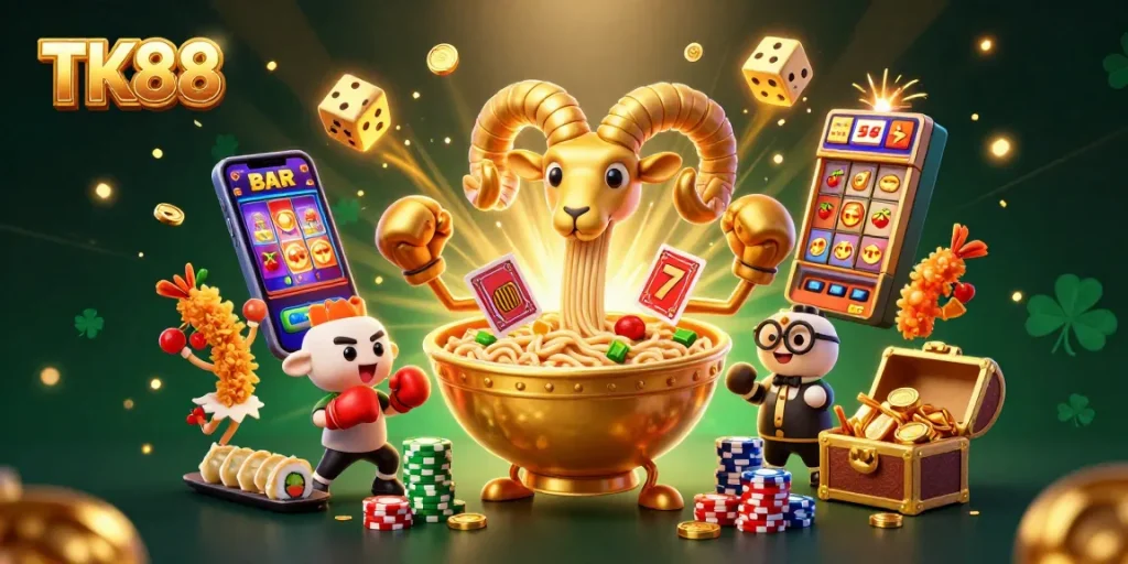 TK88's vibrant 3D illustration showcases dynamic gambling excitement with characters and games.