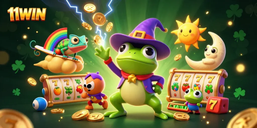 Experience the excitement of 11WIN with a wizard frog and chameleon in a vibrant casino scene.