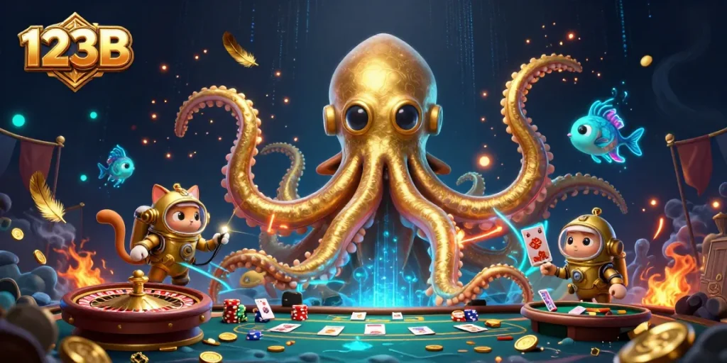 123B themed illustration showcasing vibrant casino action with kraken, diving cat, and glowing fish.