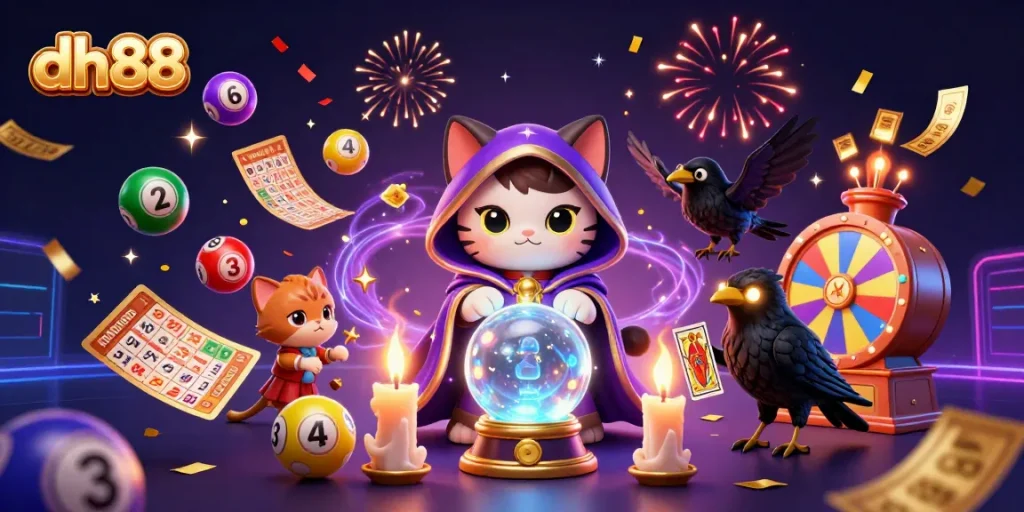Spin and win with dh88's vibrant casino illustration featuring fortune teller cat and tarot raven.