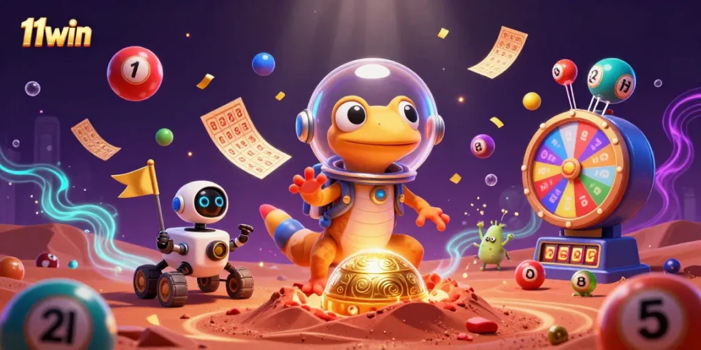 Experience the exciting world of 11WIN with a Martian gecko in a vibrant casino scene.