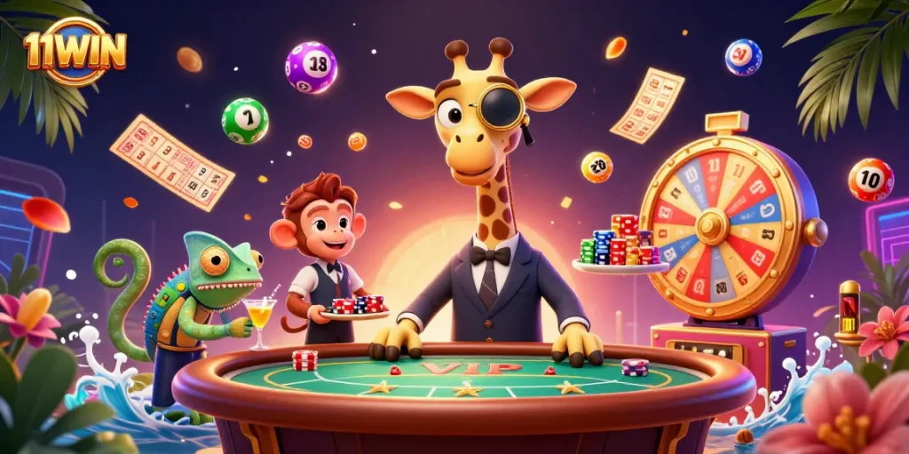 Experience thrilling fun at 11WIN with a vibrant 3D casino scene featuring exciting games.