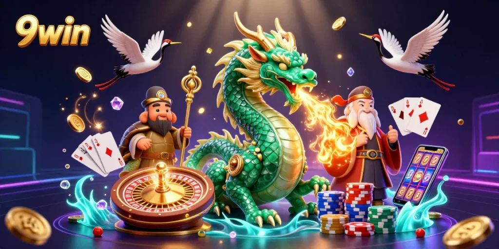 Engage with 9win's thrilling 3D casino illustration featuring a dragon, turtle sage, and lucky cranes.