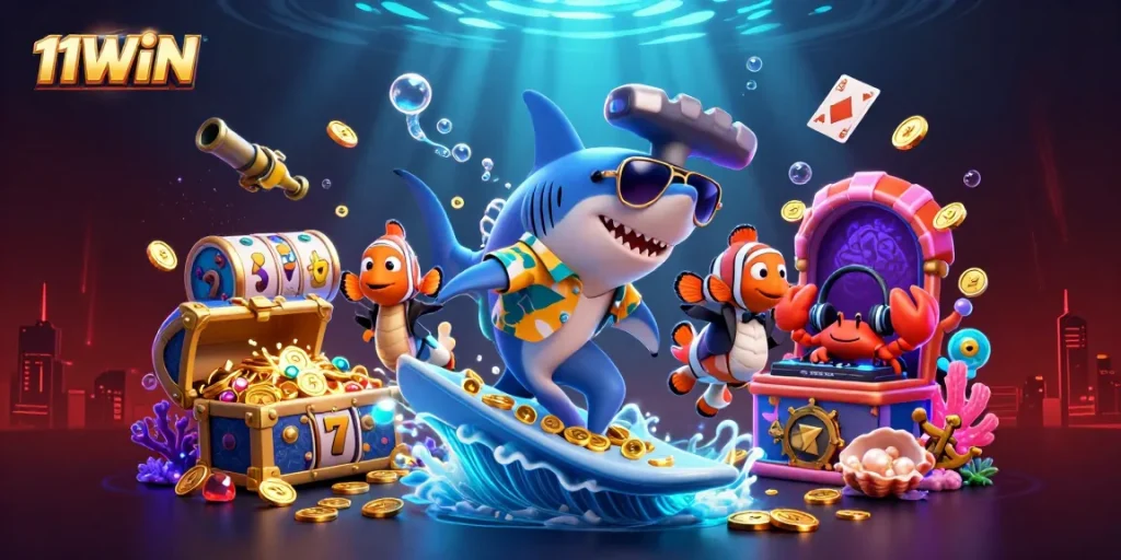 Surf the excitement with 11WIN's vibrant casino adventures in an underwater treasure scene.