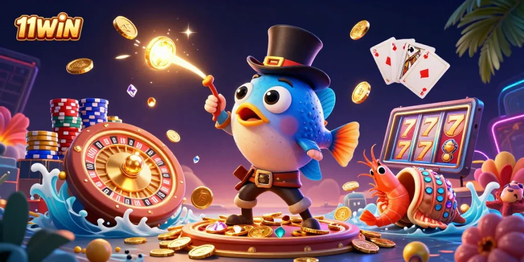 Engage with 11WIN's vibrant casino world as coins cascade in a lively underwater scene.