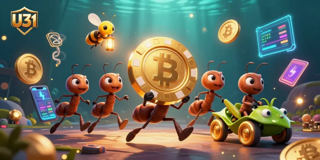 Experience a thrilling raid with U31 as cartoon ants heist a giant poker chip amidst vibrant gambling elements.