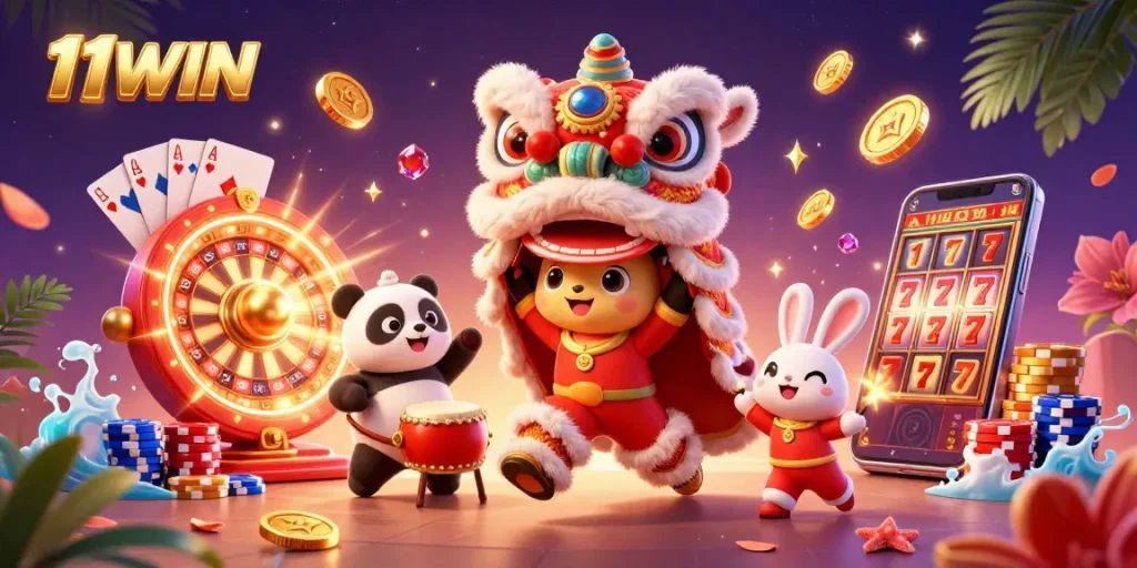 Experience the excitement of 11WIN with a vibrant 3D illustration of a festive casino scene packed with characters and game elements.