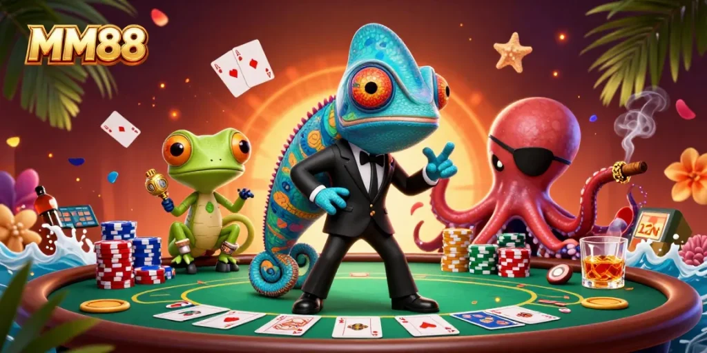 Engage with MM88's thrilling poker scene featuring colorful chips and dynamic characters.