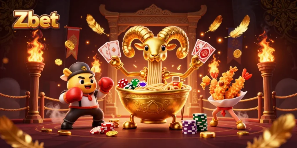 Zbet casino illustration showing a giant ramen bowl dealer and friends amidst vibrant gaming elements.