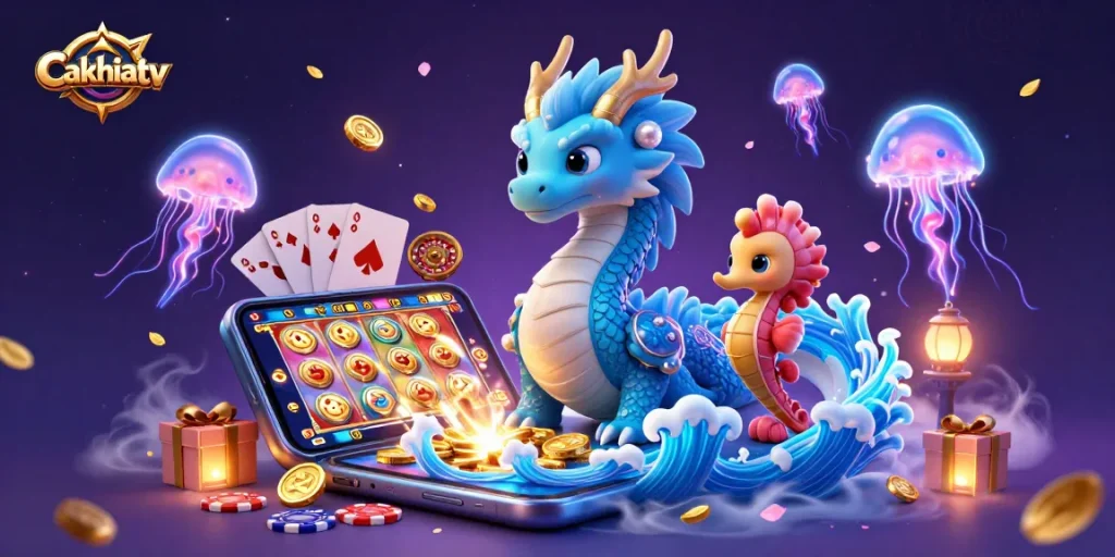 Cakhiatv elevates your gambling experience with vibrant casino elements, including a 3D water dragon.