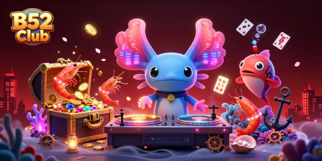 B52 Club's exciting gaming scene with a DJ axolotl and vibrant underwater elements energizing the casino atmosphere.