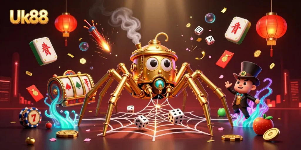 Uk88 entices players with a lively 3D casino scene filled with slot symbols and luck.