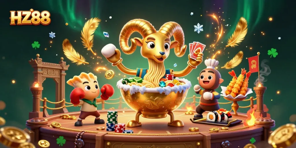 Experience thrilling gameplay at HZ88 with engaging characters and vibrant casino elements in this illustration.