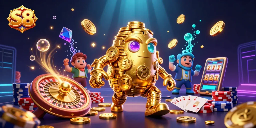S8 golem spins with golden coins while lucky slot results flash, capturing high-stakes gaming excitement.