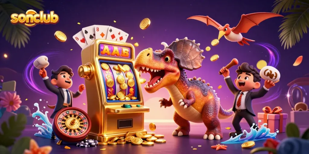 Experience the excitement at sonclub as a dinosaur rejoices at a jackpot win amid colorful casino elements.