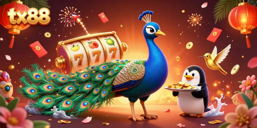 Experience the vibrant world of tx88 with an exclusive 3D casino illustration showcasing colorful slot reels.