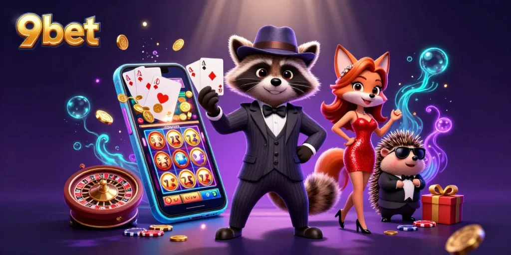 Experience the excitement of 9bet with a raccoon in a royal flush hand, surrounded by vibrant casino elements.