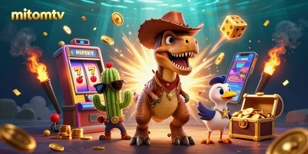 Experience seamless gaming with mitomtv's vibrant 3D casino scene featuring dynamic elements and exciting symbols.