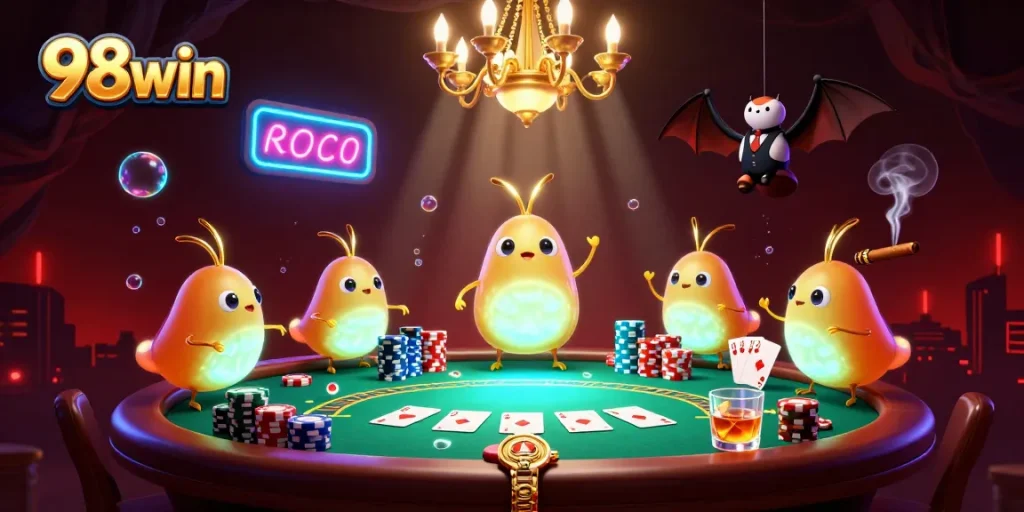 98win team's glowworms create a vibrant cave casino scene showcasing poker elements and rich game dynamics.