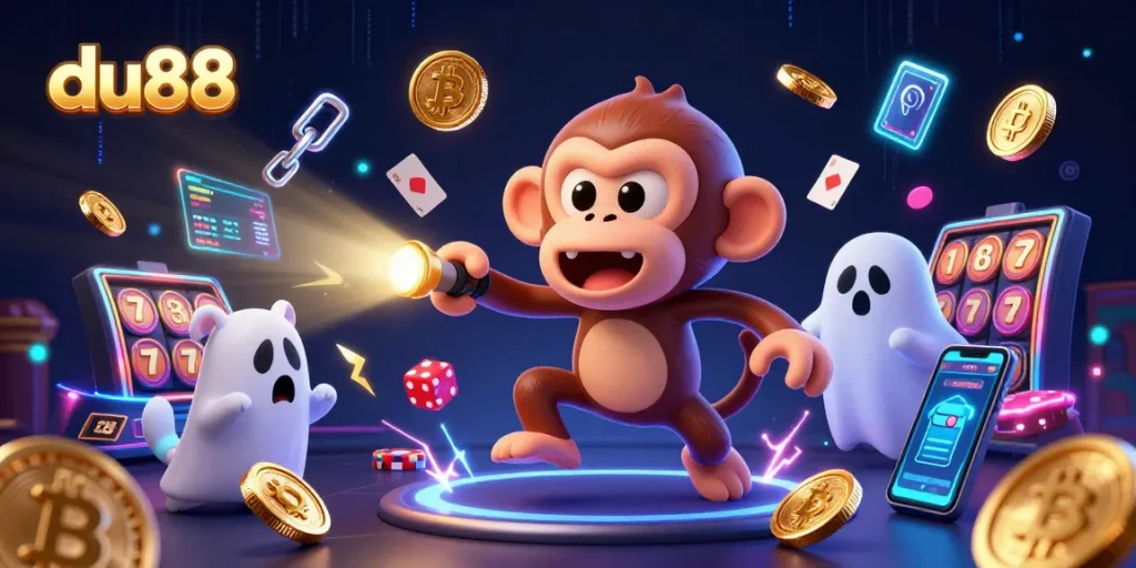 Engage with du88's adventurous ghostly scene featuring a playful poltergeist monkey juggling golden coins and a curious ghost-hunter puppy.