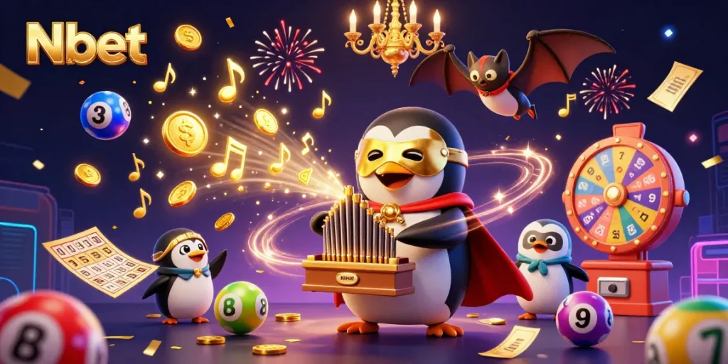 Nbet brings excitement alive with an animated illustration of a penguin playing a golden organ amidst lottery actions.