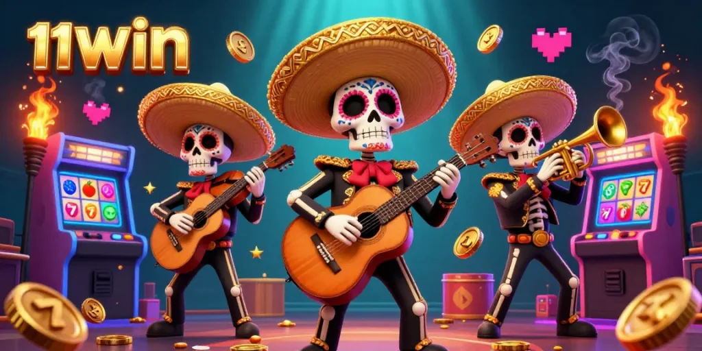 Engage in lively slots action with 11WIN's vibrant 3D mariachi scene, showcasing colorful game reels.