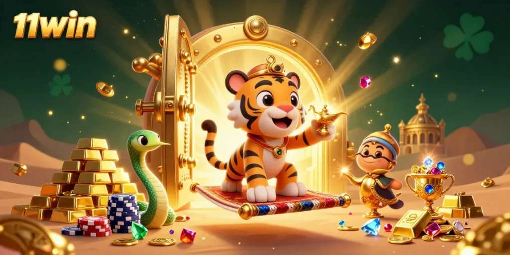 Join the fun at 11WIN with a vibrant casino illustration featuring a sultan and treasures.