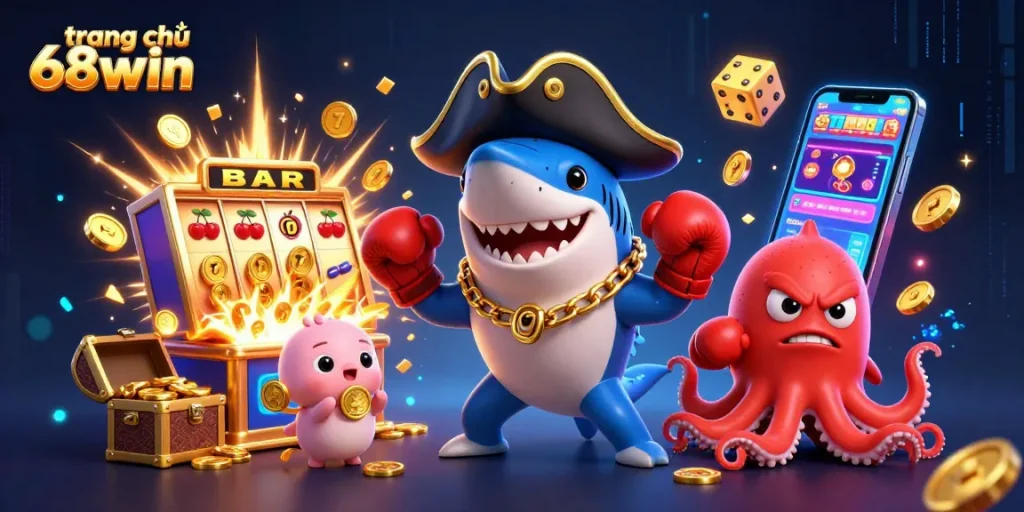 Engage with the vibrant features of trang chủ 68win, showcasing interactive casino fun with colorful characters and gold coins.