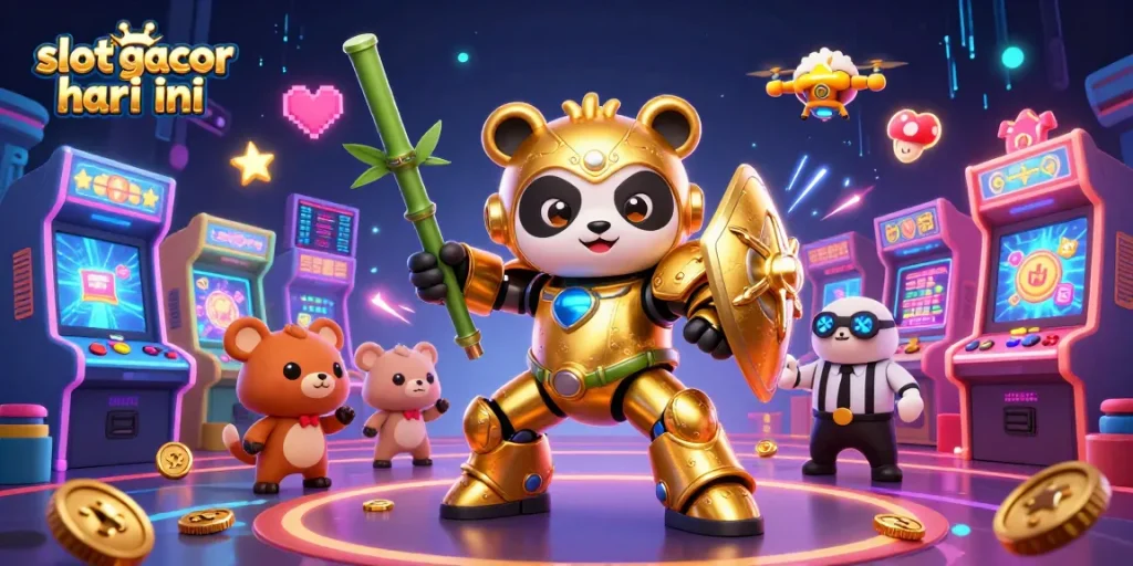 Engage with slot gacor hari ini in this dynamic 3D scene featuring vibrant casino game elements.