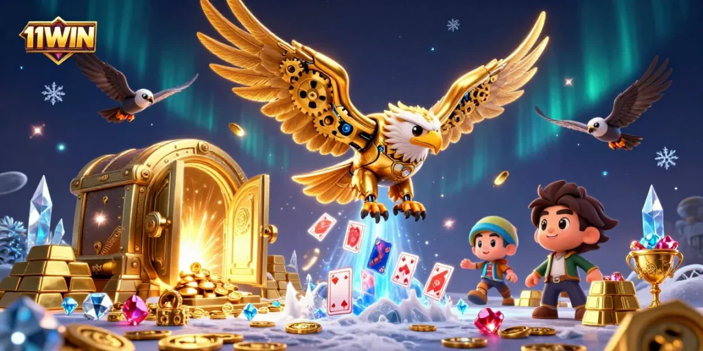 Experience the thrill of 11WIN with a cybernetic eagle soaring through holographic cards and treasures.