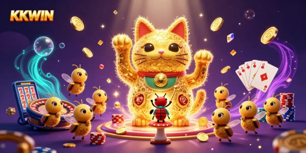 Experience the magic of KKWIN with golden fireflies and casino symbols in a dynamic, enchanting illustration.