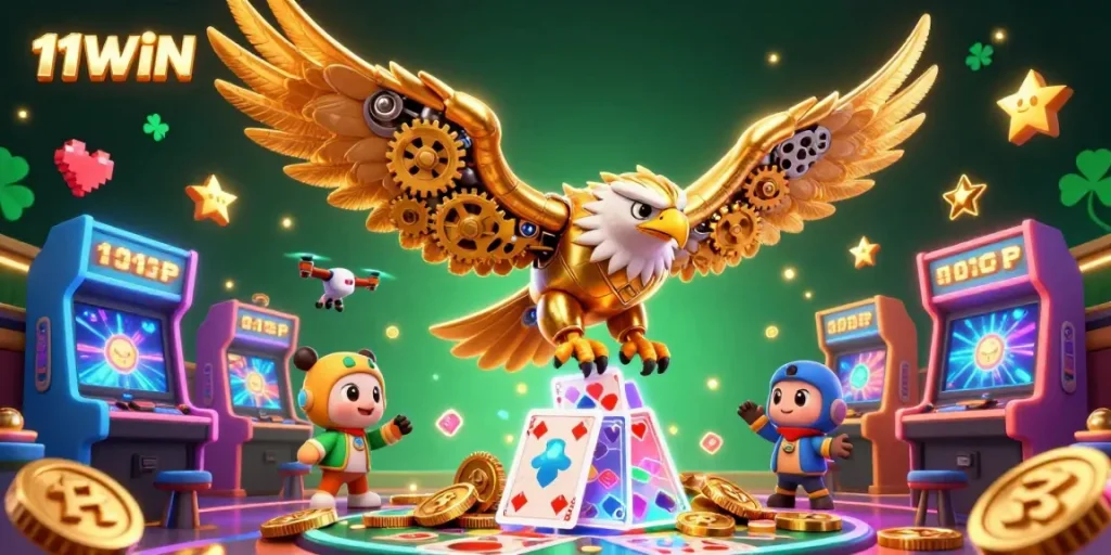Experience thrilling gameplay with 11WIN's vibrant scene of a cybernetic eagle soaring through holographic cards.