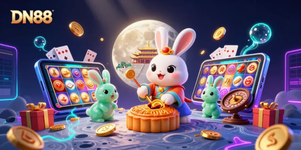 Experience the excitement at DN88, where the moon rabbit reveals poker chips and engaging casino games come to life.